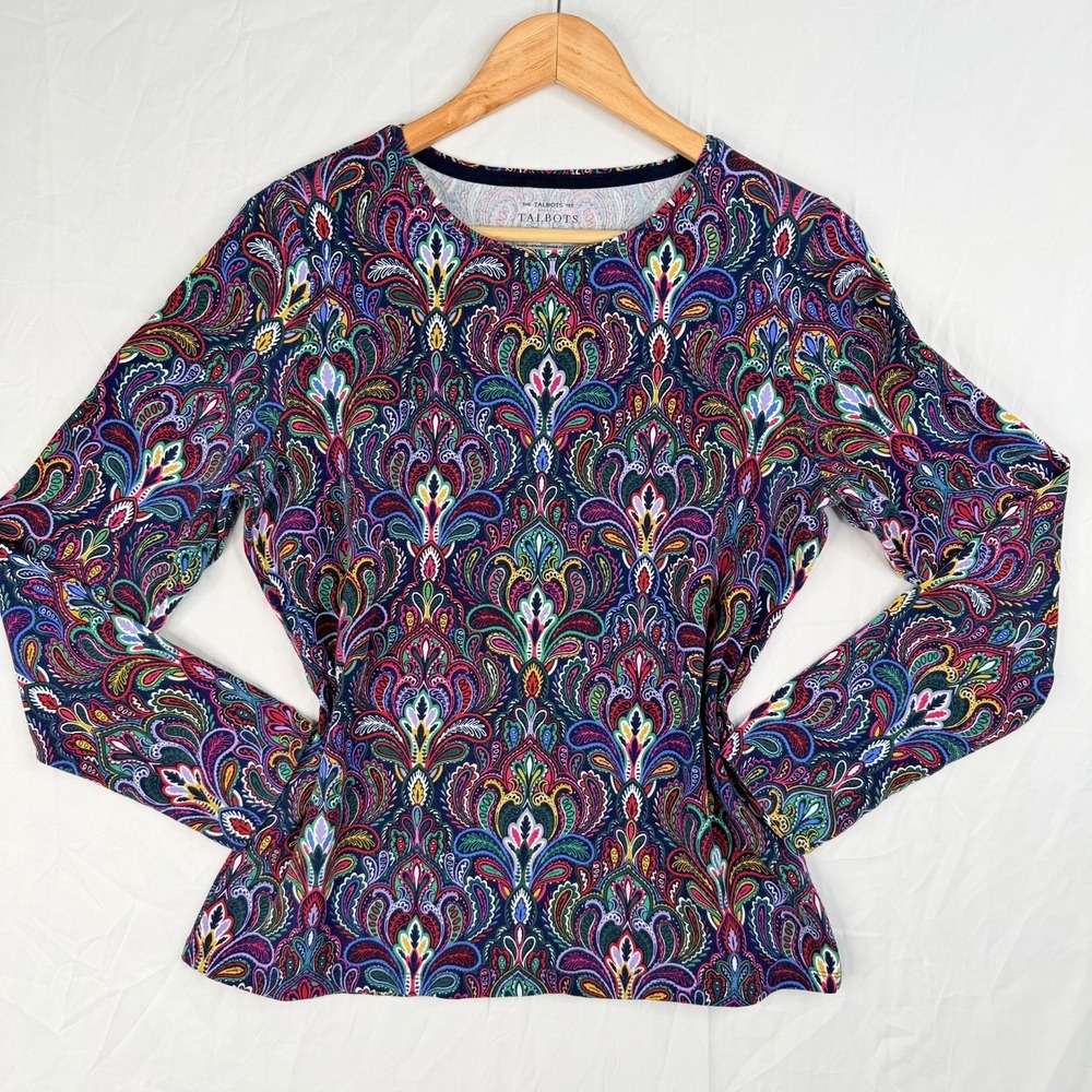 Talbots Women's Long Sleeve Round Neck Colorful Paisley Cotton Blend Shirt SZ- L